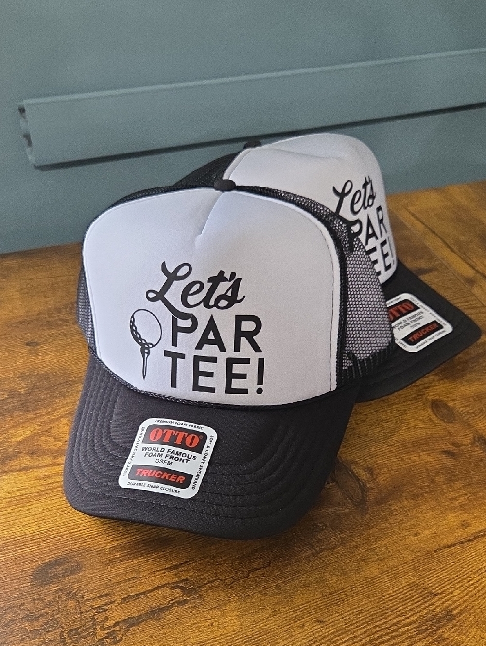 Let's Par Tee! Mesh Trucker Cap - White & Black Golf HATS